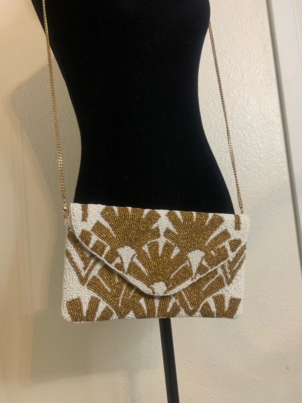 White & Gold Beaded Envelope Crossbody Bag
